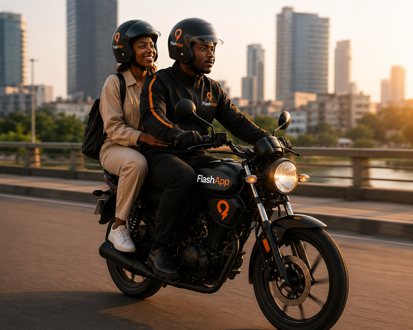 FlashApp rider with passenger on a branded bike